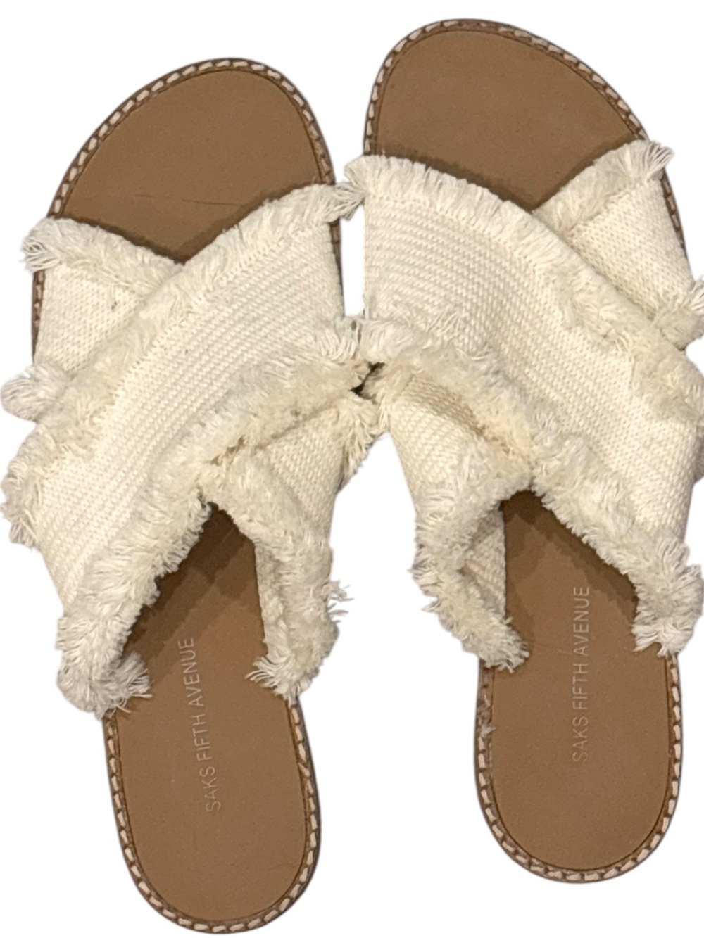 Saks Fifth Avenue Woven Frayed Slide Sandals Cream Boho Coastal Womens 8